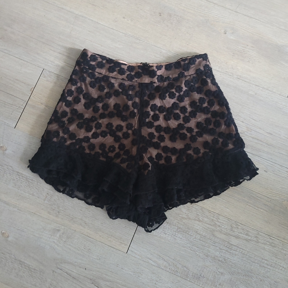 MAJORELLE Black Lace Ruffled High Waisted Shorts